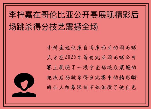 李梓嘉在哥伦比亚公开赛展现精彩后场跳杀得分技艺震撼全场