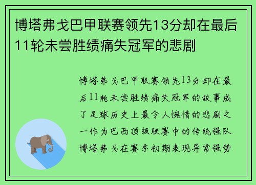 博塔弗戈巴甲联赛领先13分却在最后11轮未尝胜绩痛失冠军的悲剧 博塔弗戈巴甲联赛领先13分却在最后11轮未尝胜绩痛失冠军的悲剧