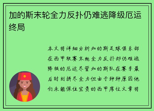 加的斯末轮全力反扑仍难逃降级厄运终局