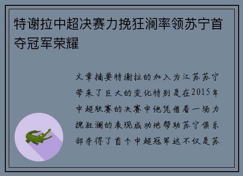 特谢拉中超决赛力挽狂澜率领苏宁首夺冠军荣耀 特谢拉中超决赛力挽狂澜率领苏宁首夺冠军荣耀