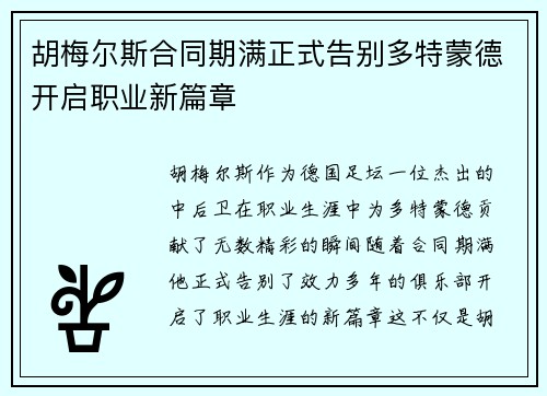 胡梅尔斯合同期满正式告别多特蒙德开启职业新篇章 胡梅尔斯合同期满正式告别多特蒙德开启职业新篇章